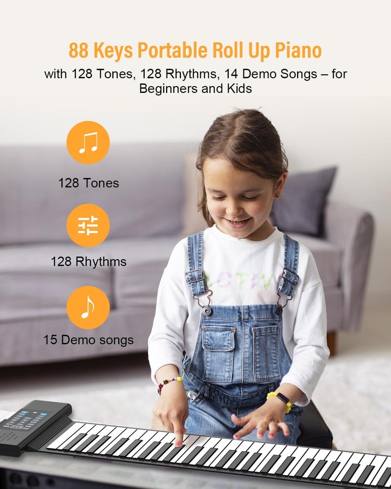 KONIX 88 Keys Roll Up Piano, Upgraded Portable Rechargeable Hand Roll Piano Keyboard, 128 Rhythms, 128 Tones, Roll Out Keyboard Piano with LED Display MIDI Function, Best Gift for Beginners - Image 2